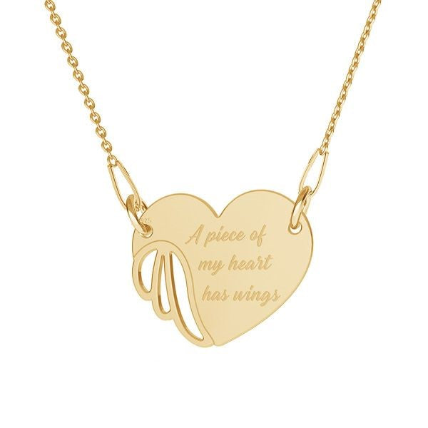 Gold-plated sterling silver Winged Heart Memorial Necklace with delicate angel wing, heartfelt engraving, and a 45cm fine chain – Magpie Gems Ireland.