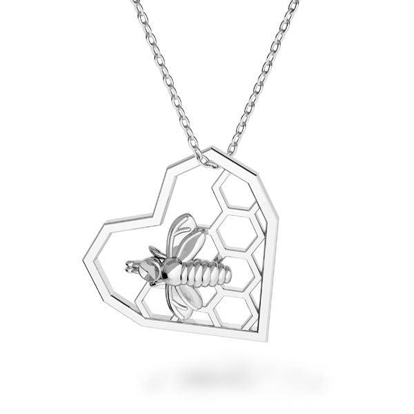 Honeycomb & Bee Heart Silver Necklace
