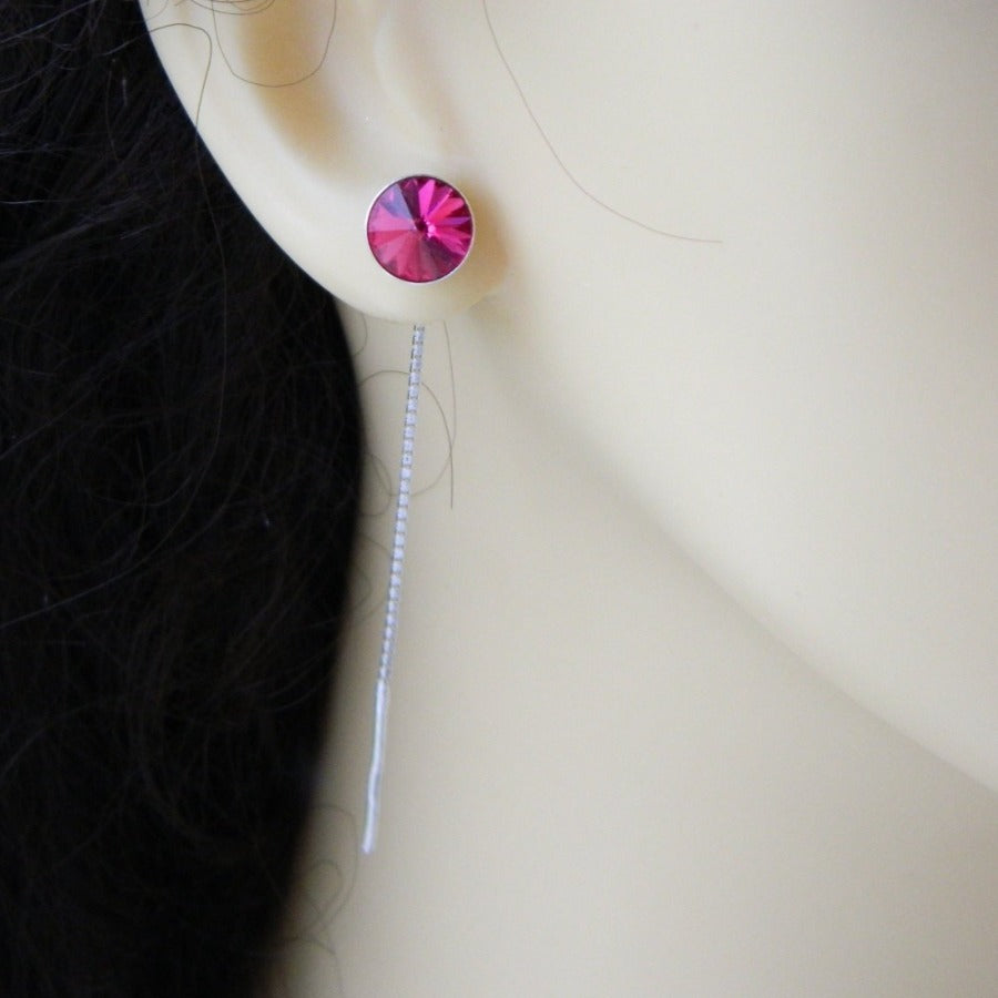 Fuchsia Ear Thread Sterling Silver & Crystal Earrings, Ear Threader Earrings in silver, - Personalised Silver Jewellery Ireland by Magpie Gems