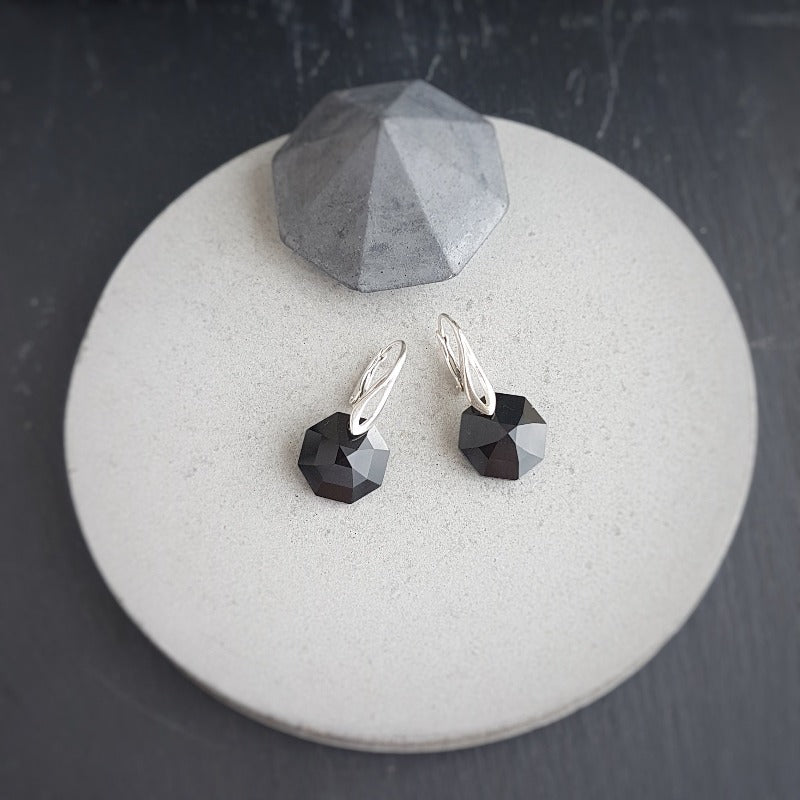 Black Octagon Crystal and Silver Earrings, [product type], - Personalised Silver Jewellery Ireland by Magpie Gems