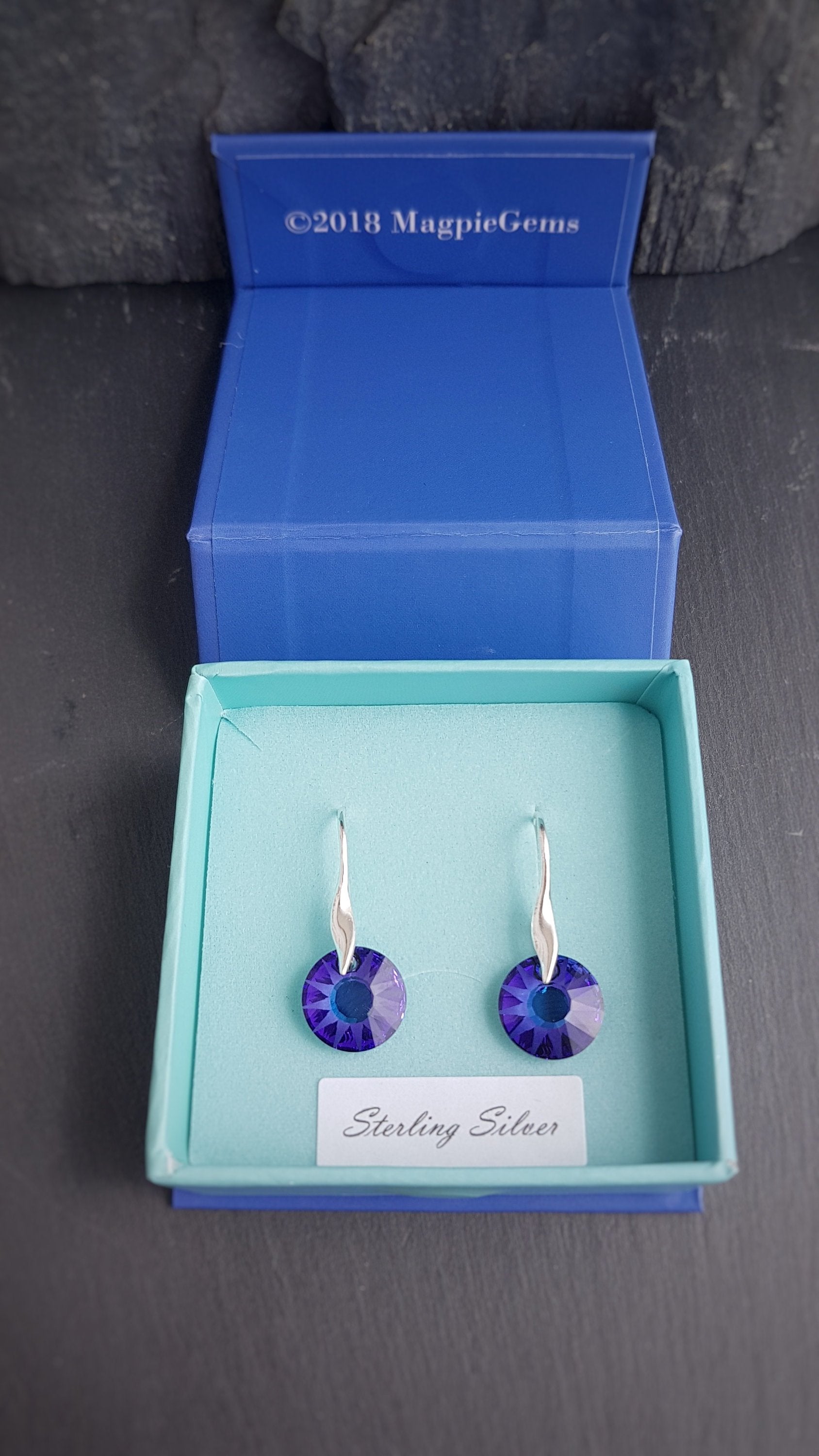 Purple Sun Crystal dangle & drop earrings, [product type], - Personalised Silver Jewellery Ireland by Magpie Gems