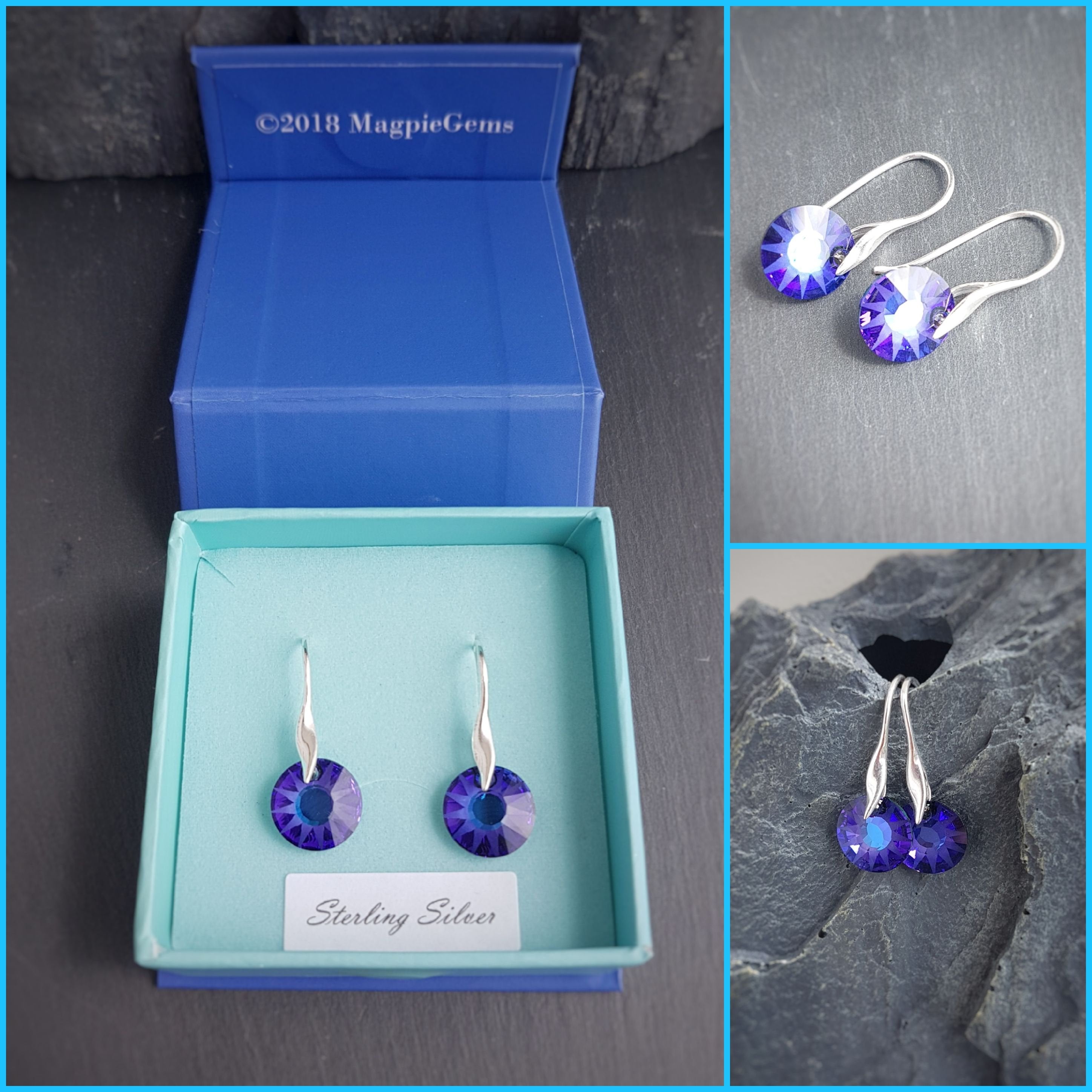 Purple Sun Crystal dangle & drop earrings, [product type], - Personalised Silver Jewellery Ireland by Magpie Gems