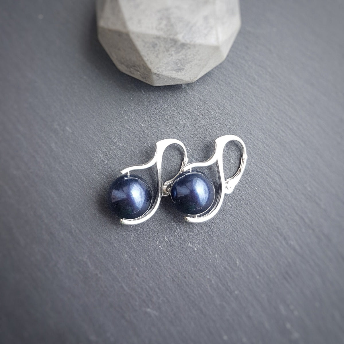 Crystal Pearl Luster Earrings in Midnight Blue color, drop style, leverback fitting, by Magpie Gems Ireland