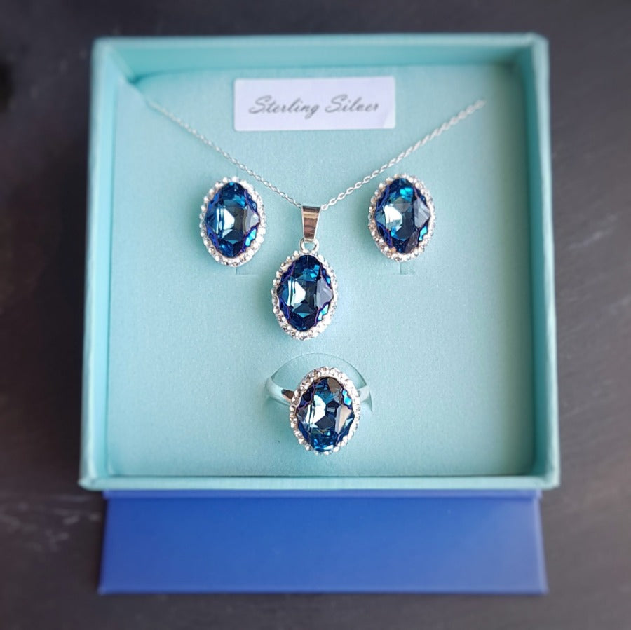 Blue Pave Style Oval Jewellery Set, [product type], - Personalised Silver Jewellery Ireland by Magpie Gems