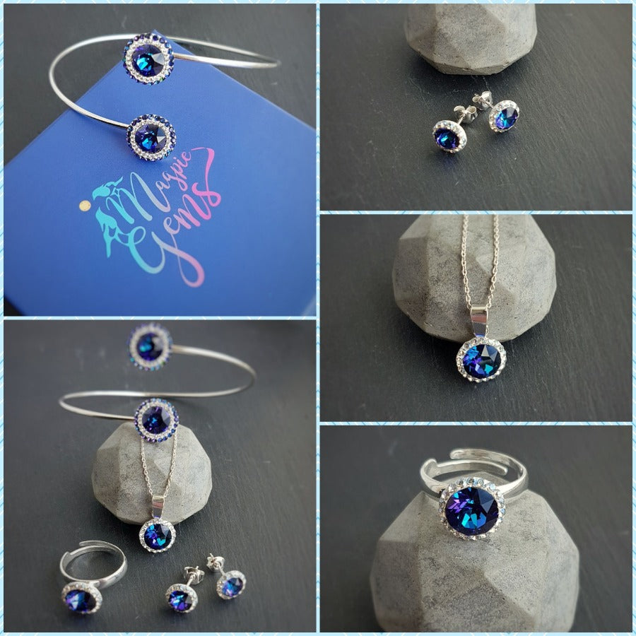 Blue Pave Style Jewellery Stud Earrings, Necklace and Adjustable Ring set with Austrian crystals and sterling silver - Made in Ireland, [product type], - Personalised Silver Jewellery Ireland by Magpie Gems