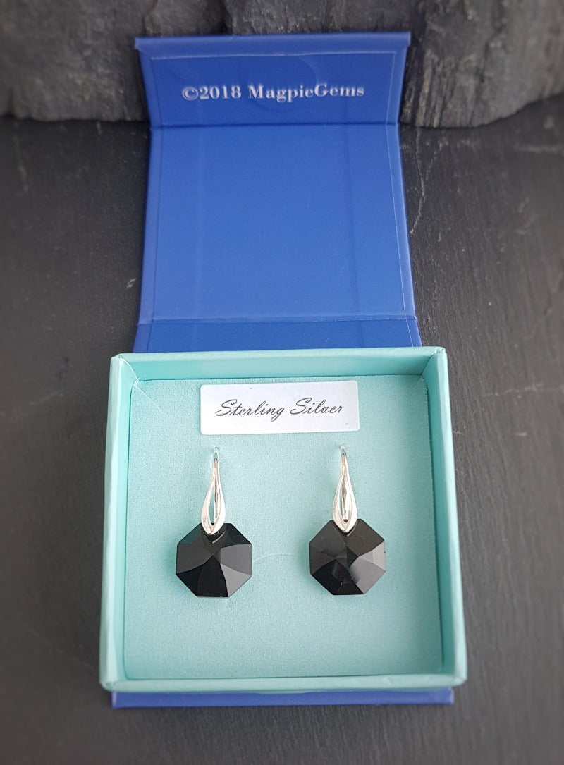 Black Octagon Crystal and Silver Earrings, [product type], - Personalised Silver Jewellery Ireland by Magpie Gems