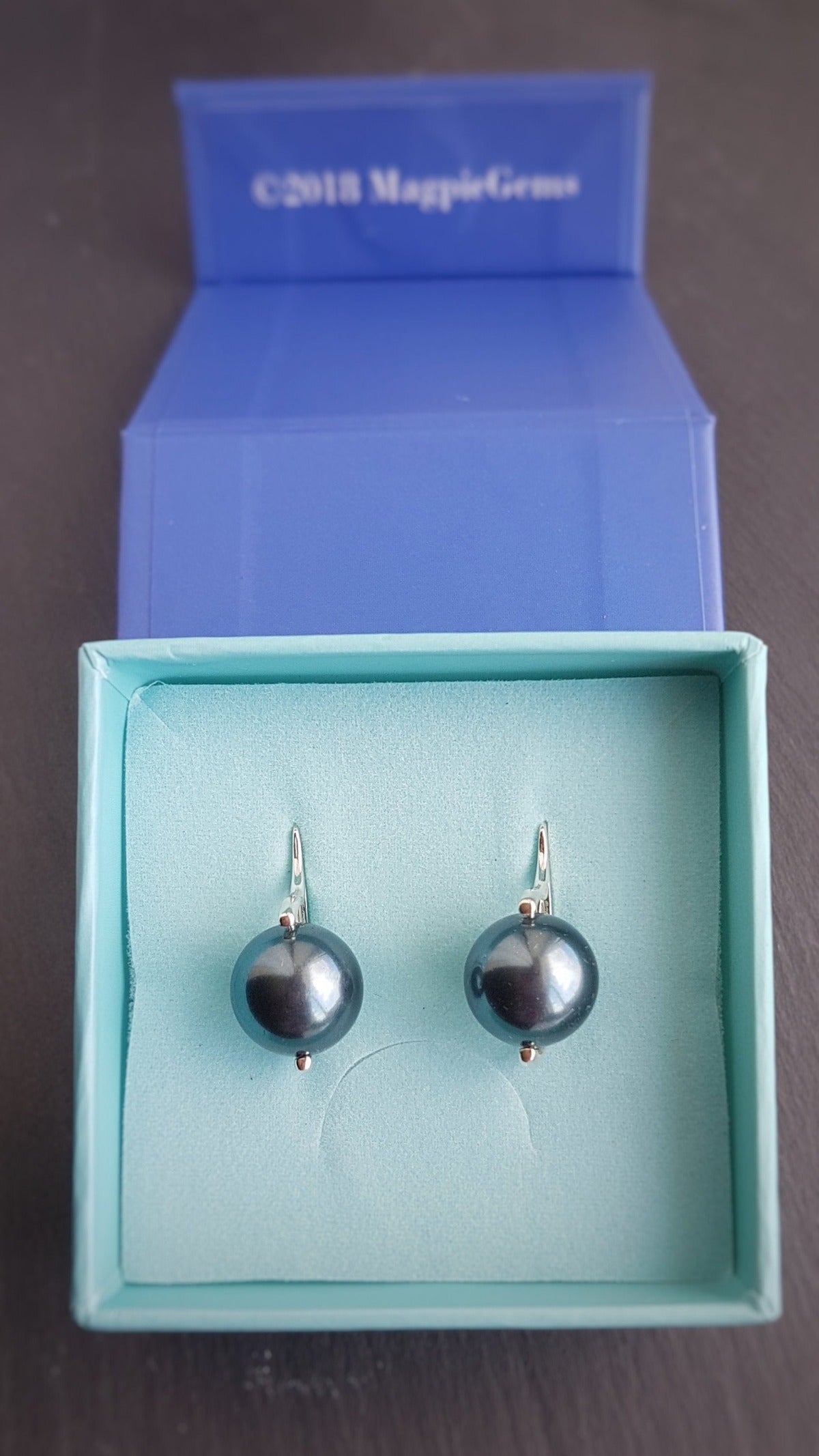 Round Crystal Pearl Luster Earrings in Tahitian color, drop style, leverback fitting, gift boxed, by Magpie Gems Ireland