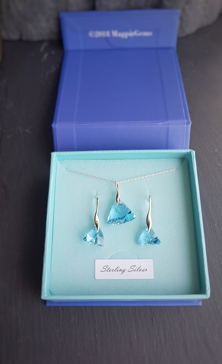 Aquamarine Triangle Crystal Jewellery Set, [product type], - Personalised Silver Jewellery Ireland by Magpie Gems