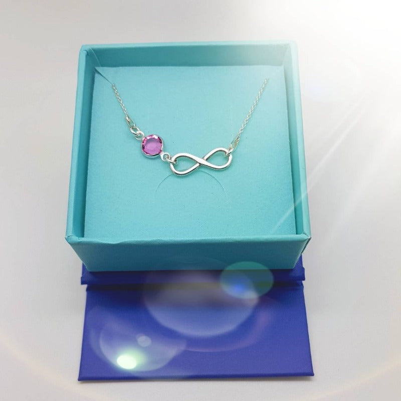 Silver infinity pendant with birthstone crystal | Customise it, [product type], - Personalised Silver Jewellery Ireland by Magpie Gems