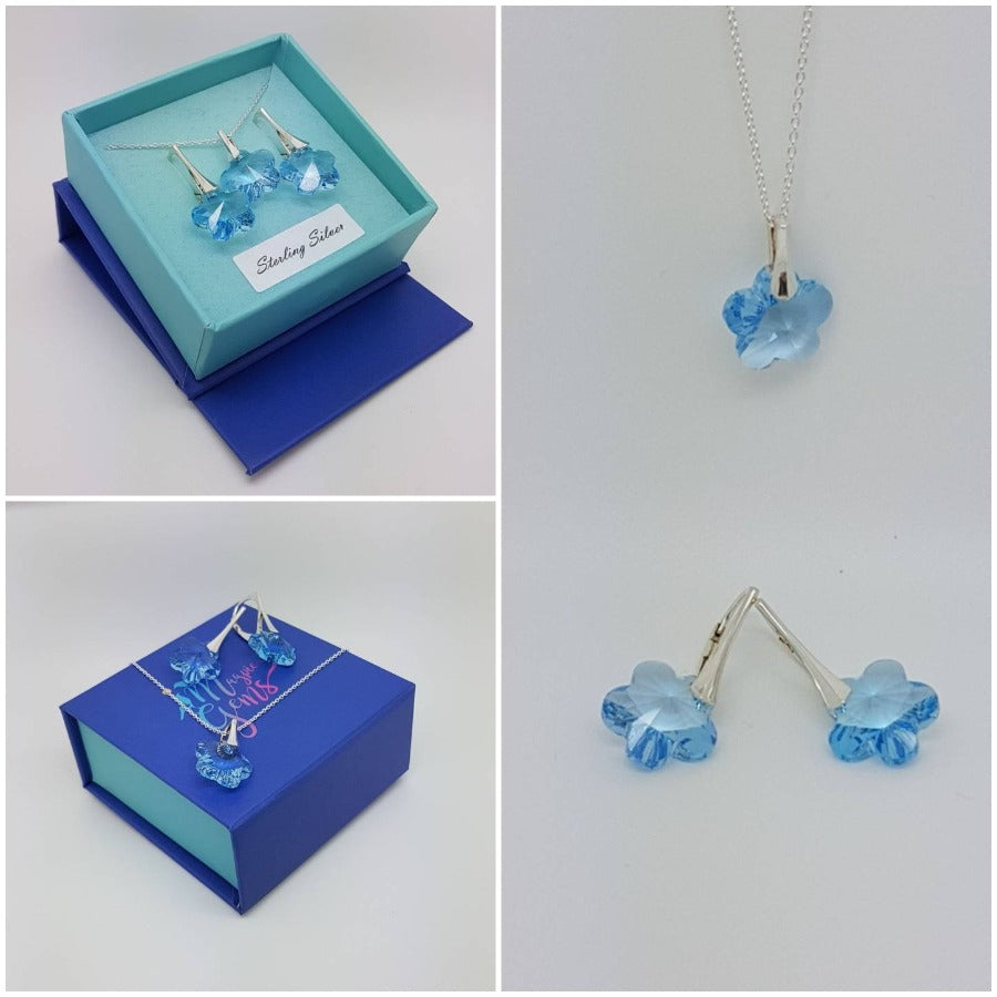 Elegant aquamarine crystal flower jewelry set in sterling silver, presented in a gift box