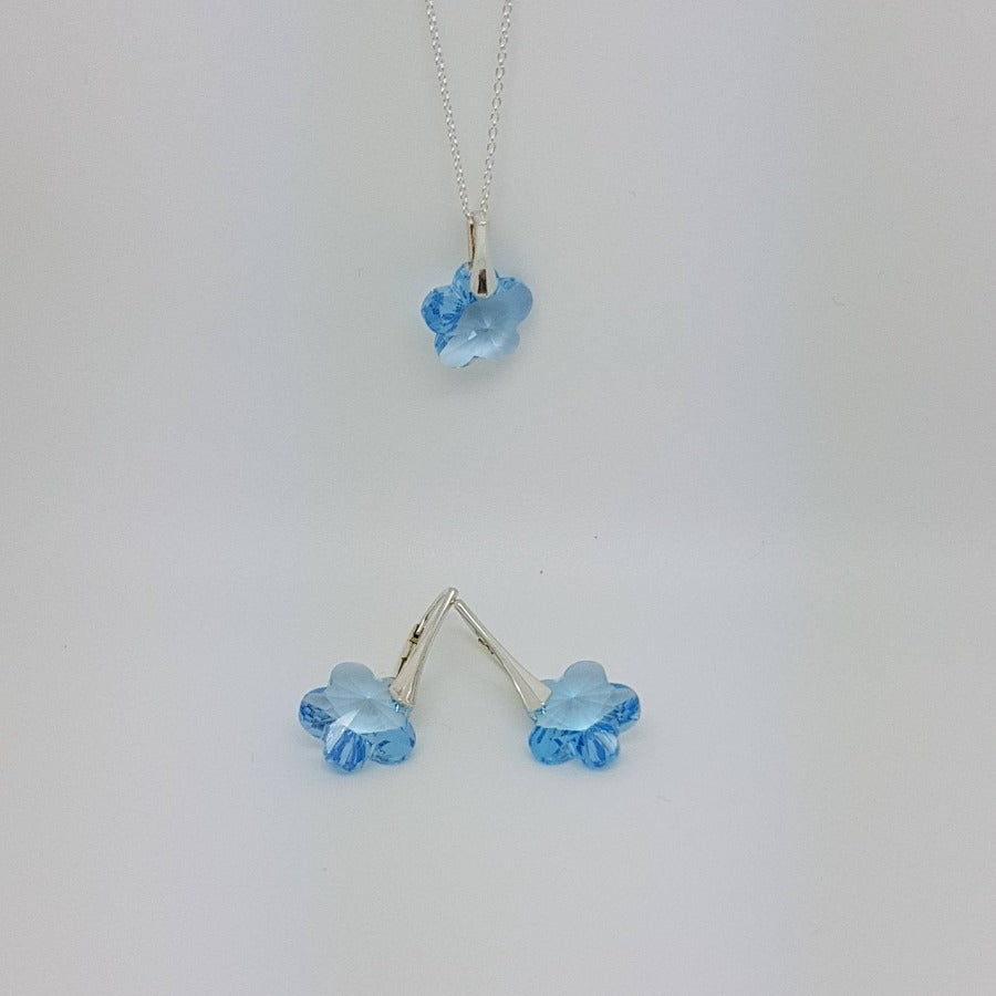 Aquamarine Flower Jewellery set with Leverback earrings and sterling silver pendant, Gift Boxed, [product type], - Personalised Silver Jewellery Ireland by Magpie Gems