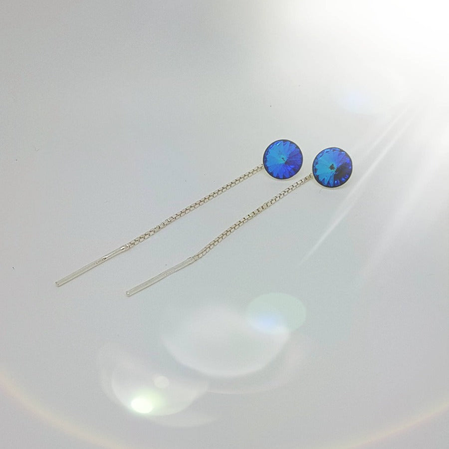 Blue Ear Thread Sterling Silver & Crystal Earrings, ear threader earrings in silver, - Personalised Silver Jewellery Ireland by Magpie Gems