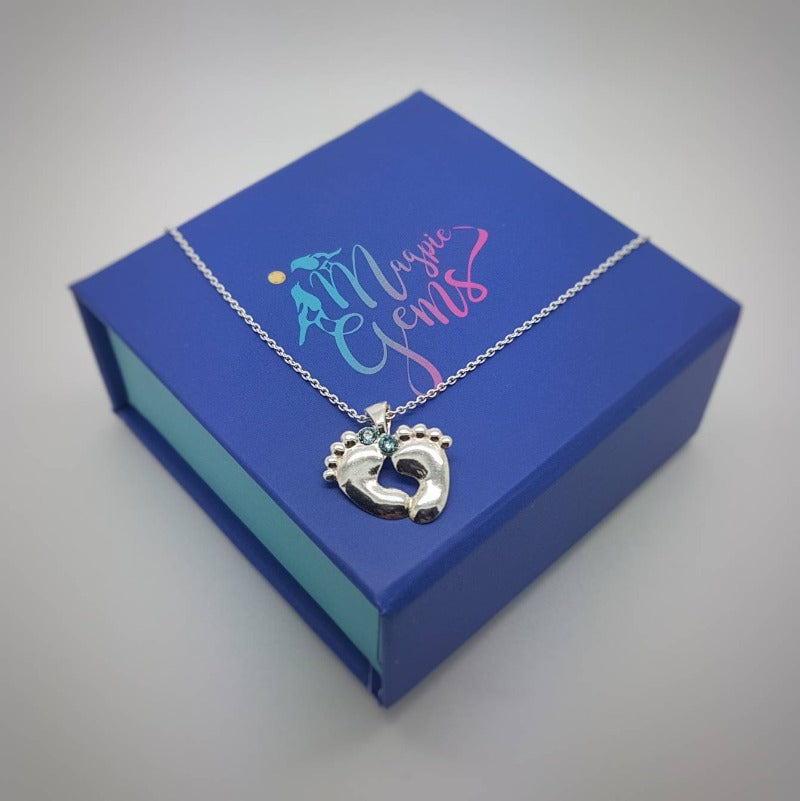 Tiny Baby feet silver necklace | Pink or blue crystals, [product type], - Personalised Silver Jewellery Ireland by Magpie Gems