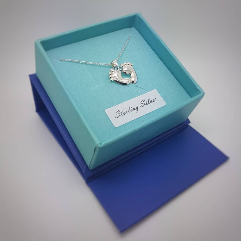 Tiny Baby feet silver necklace | Pink or blue crystals, [product type], - Personalised Silver Jewellery Ireland by Magpie Gems