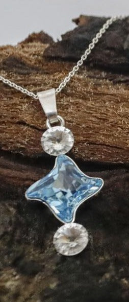 Triple Pendant in Silver with aquamarine and white clear twister crystal stone in sterling silver, fine chain necklace gift boxed in Cork Ireland