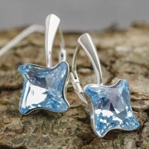 Silver Earring with Aquamarine Blue crystal stone, with Leverback, gift boxed, made in Ireland Cork
