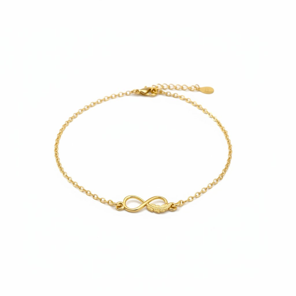 Gold Infinity Feather Anklet Bracelet - Handcrafted 24k Yellow Gold Plated Sterling Silver