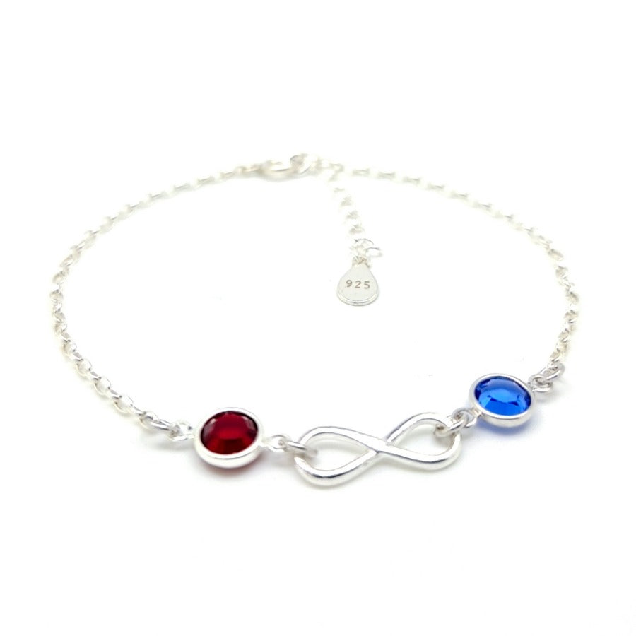 SIver infinity Bracelet with 2 crystal birthstones in a gift box from Ireland january july september