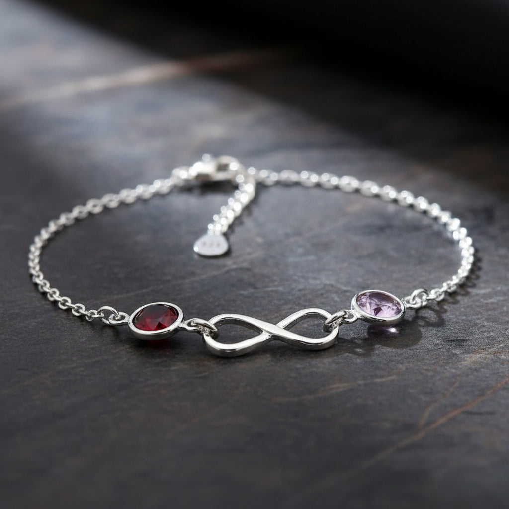 SIver infinity Bracelet with 2 crystal birthstones in a gift box from Ireland january july june