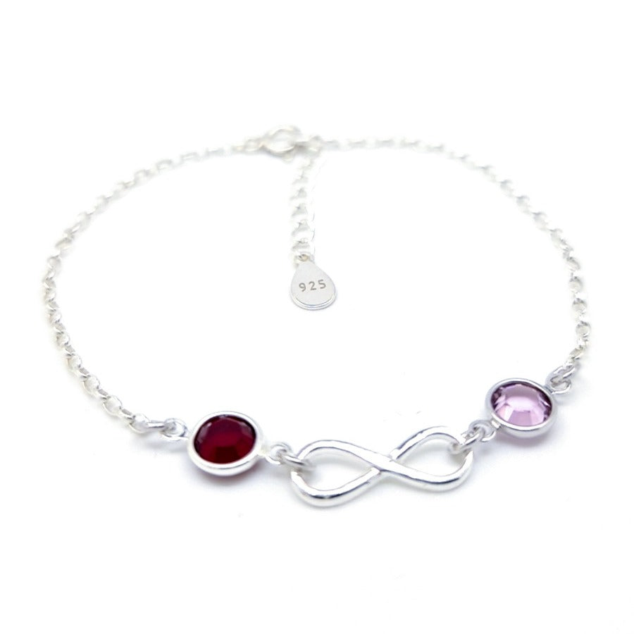 SIver infinity Bracelet with 2 crystal birthstones in a gift box from Ireland january july june