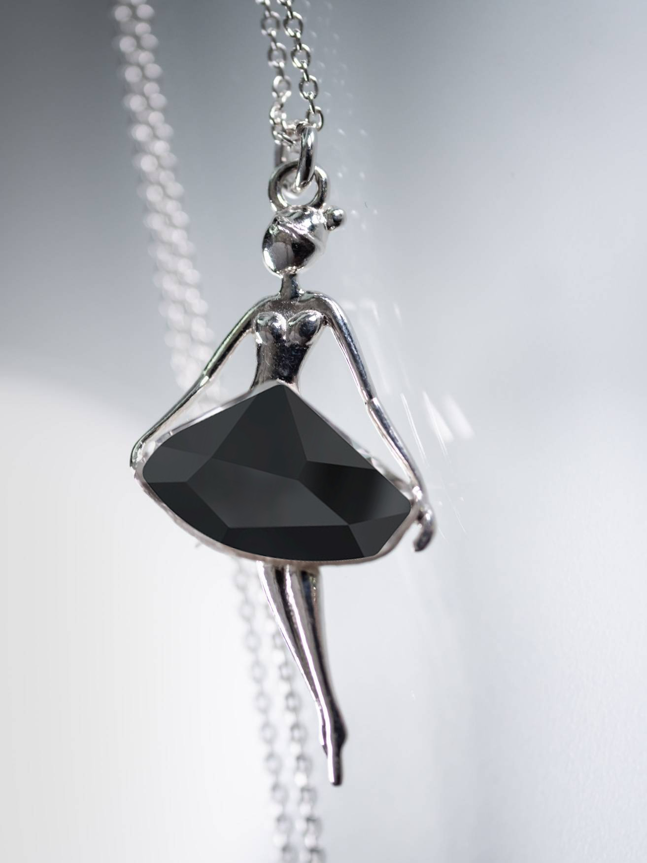 Sophisticated jet black crystal ballerina necklace in sterling silver, a signature piece by Magpie Gems in Ireland.