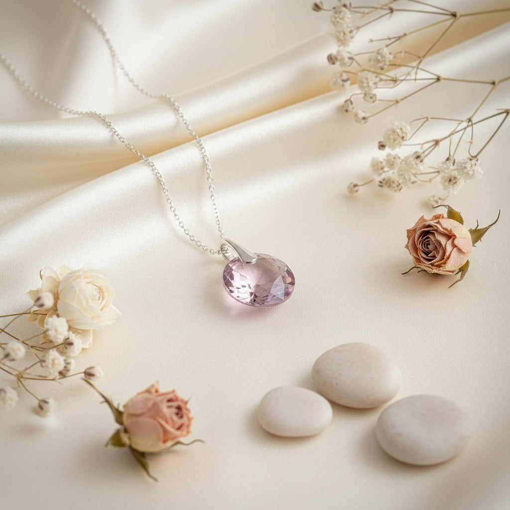 June Light Amethyst birthstone necklace in sterling silver with 14mm crystal pendant, handcrafted by Magpie Gems