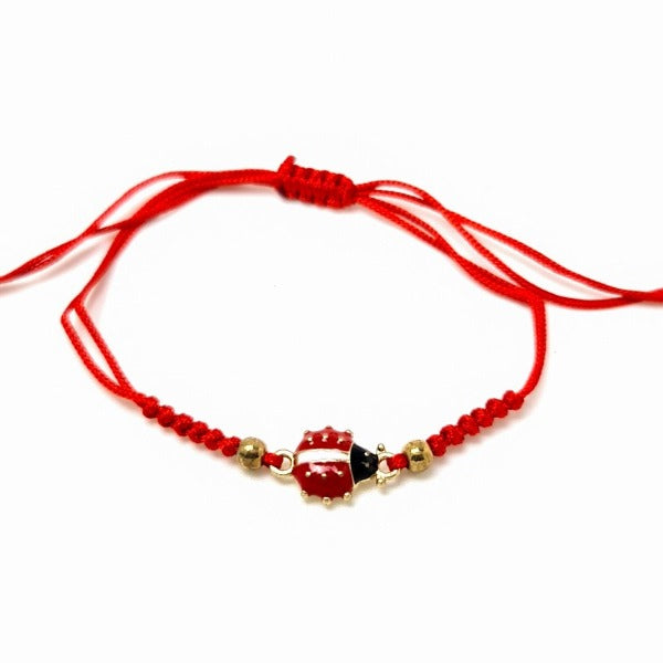 Ladybug gold plated charm with ladybird, red macramé cord string bracelet shop in Ireland