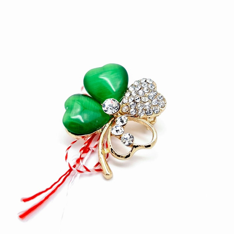 large 4 leaf clover with crystals brooch with white an red martisor bow, made in Ireland