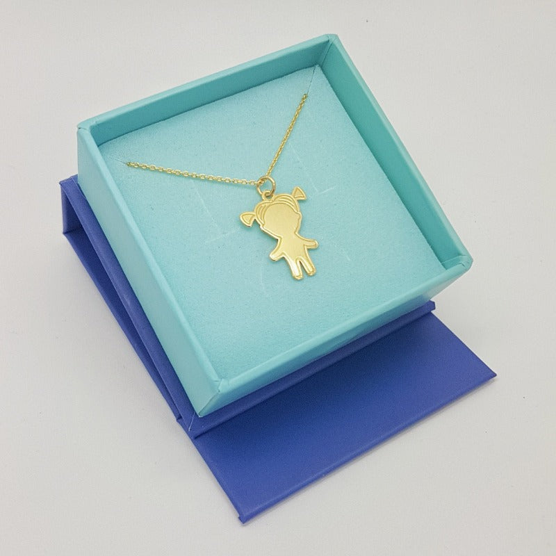 24k gold plated Little Girl Pendant Necklace elegantly displayed in a turquoise jewellery box, highlighting the delicate craftsmanship.