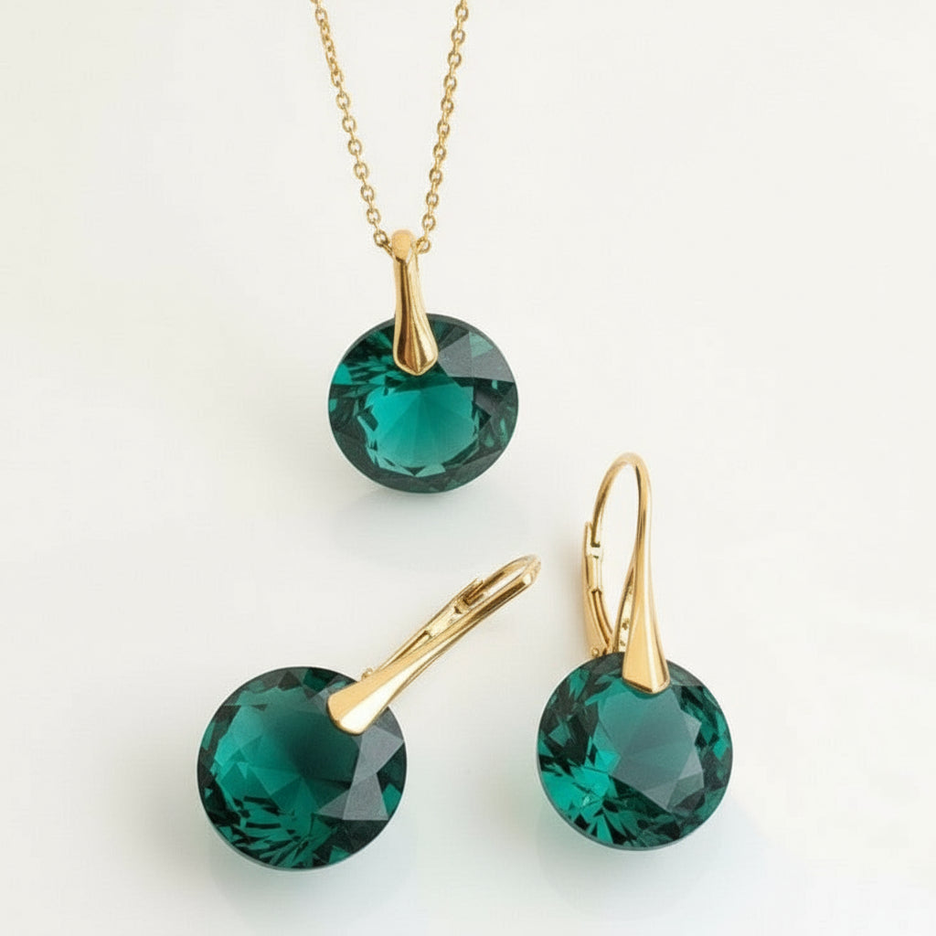 24k gold-plated Emerald May birthstone jewellery set with green Austrian crystal drop earrings and coordinating pendant handcrafted in Ireland.