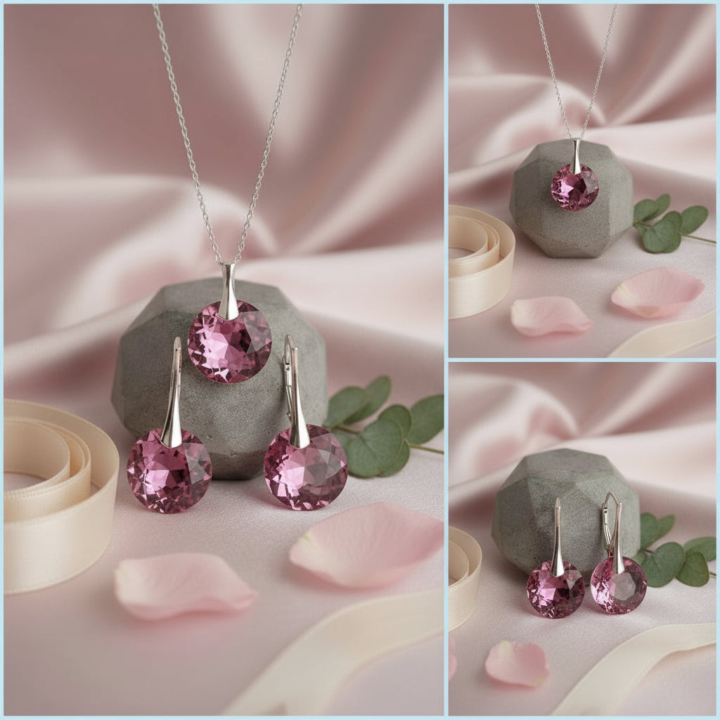 Rose October or Libra birthstone jewellery set with matching pendant necklace and drop earrings in sterling silver by Magpie Gems