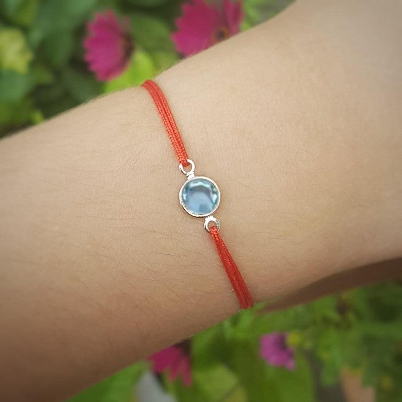 Aquamarine March Birthstone crystal adjustable knot bracelet in red, Shop in Ireland, Gift Boxed