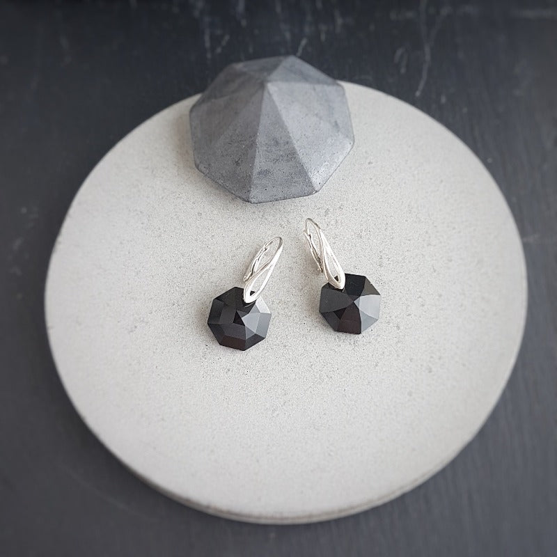 Midnight Elegance Silver Octagon Drop Earrings with Jet Black Austrian Crystals and Sterling Silver Leverback Hooks