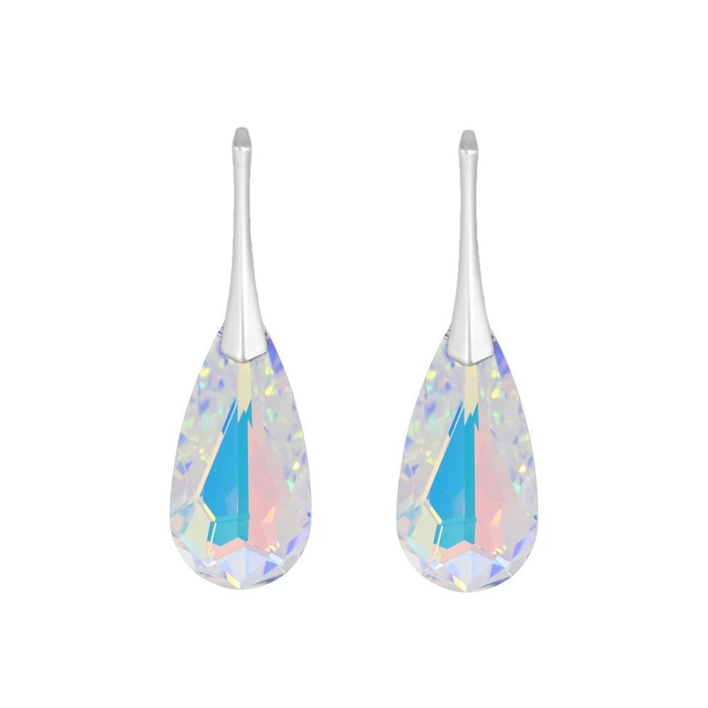 Captivating Crystal AB Long Pear Drop Silver Earrings, shimmering with brilliance.