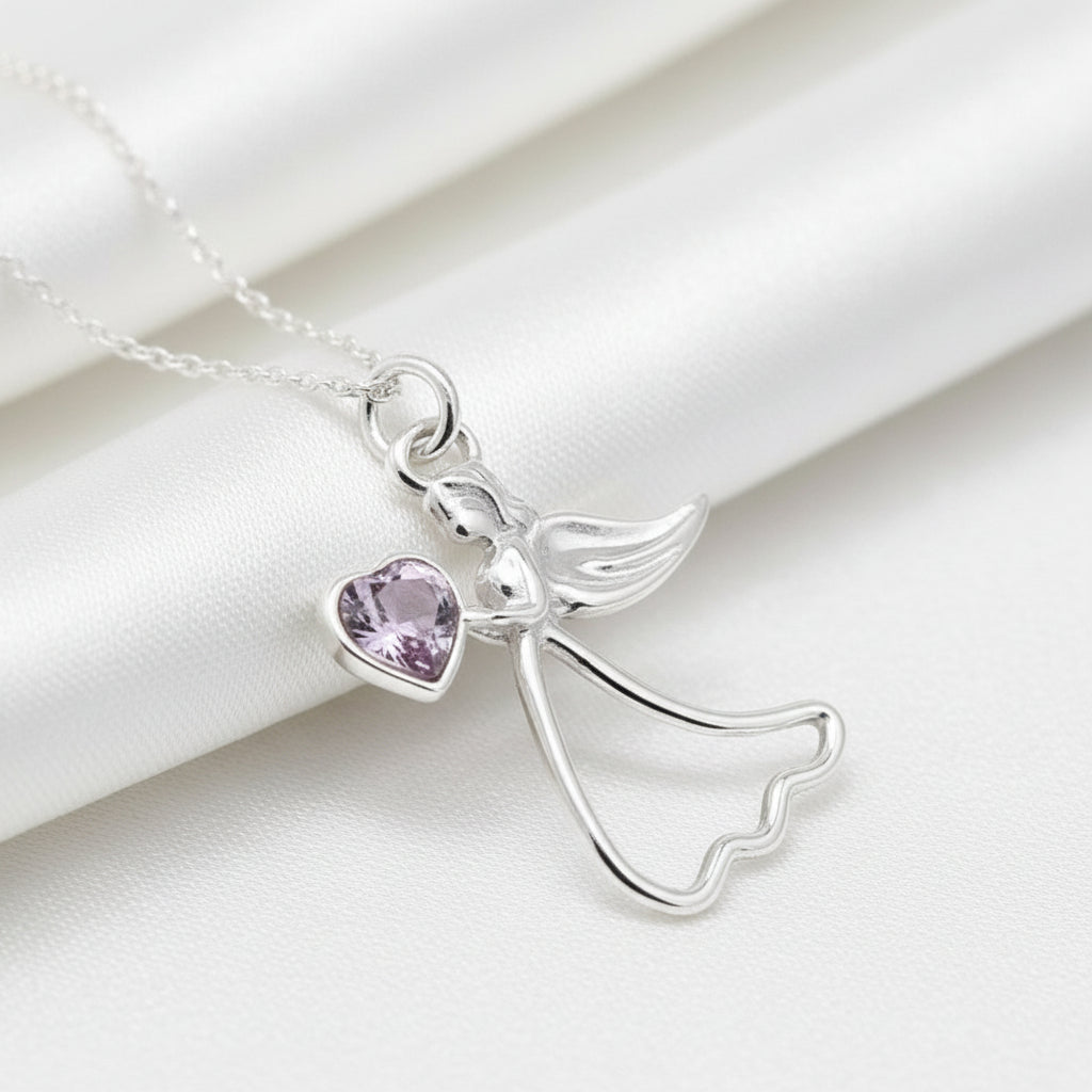 Protect My Heart Sterling Silver Angel Necklace with Personalised Birthstone Light Amethyst for June Birthdays