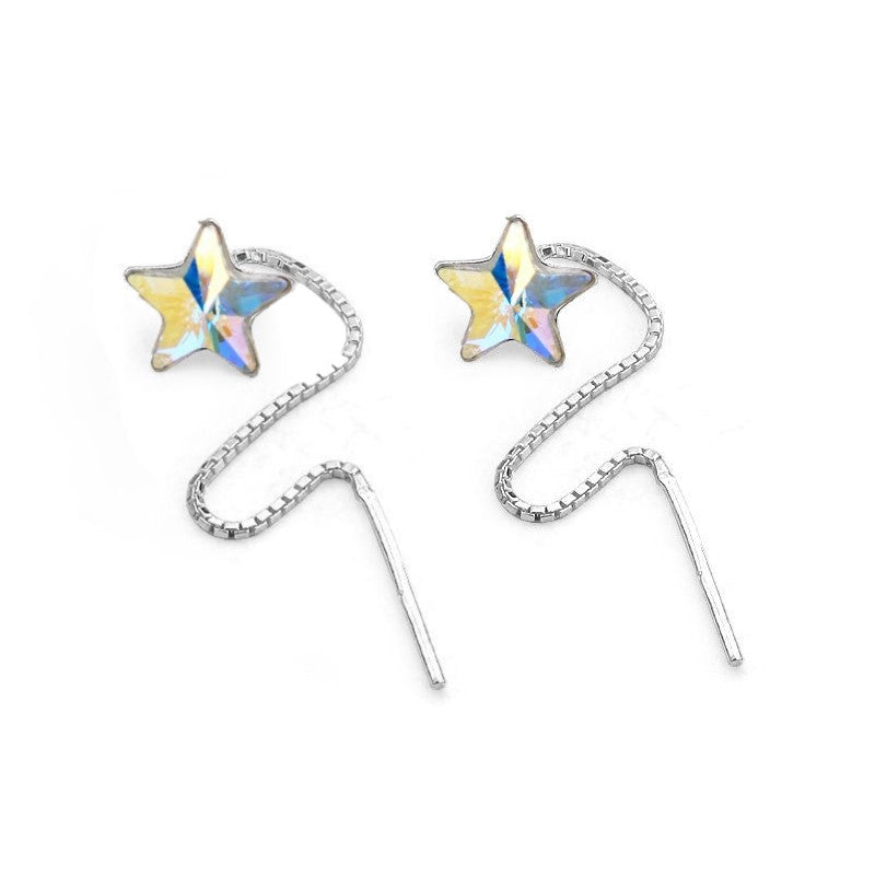 Silver Star Earrings with Chain Through Ear