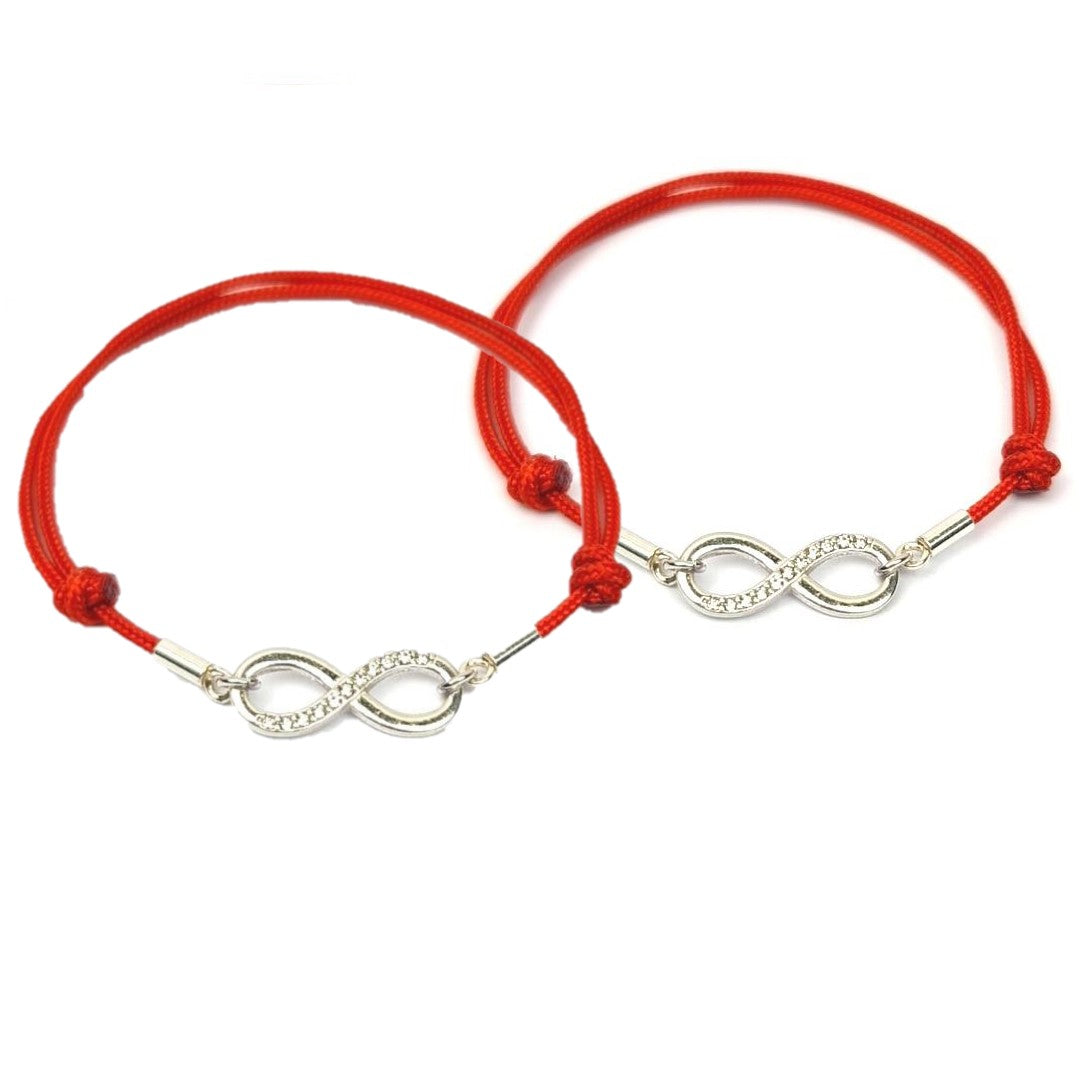 set of 2 "Eternal Love" Sterling Silver Bracelet Set for Couples with red macramé cord, slip knot bracelets