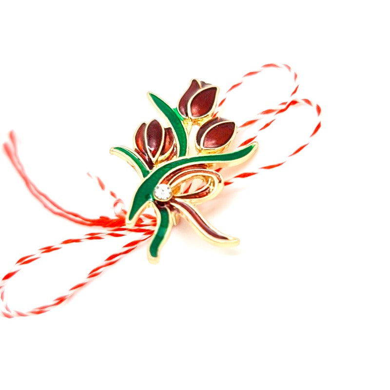 Red tulips spring flowers Martisor brooch with white an red martisor bow, made in Ireland
