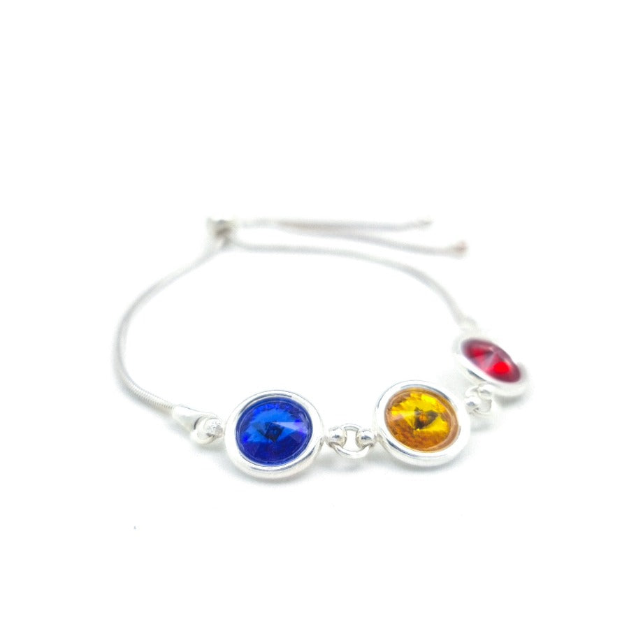 Romanian Flag Colors Crystal Bracelet - Three Stone Crystals in Blue, Yellow, and Red