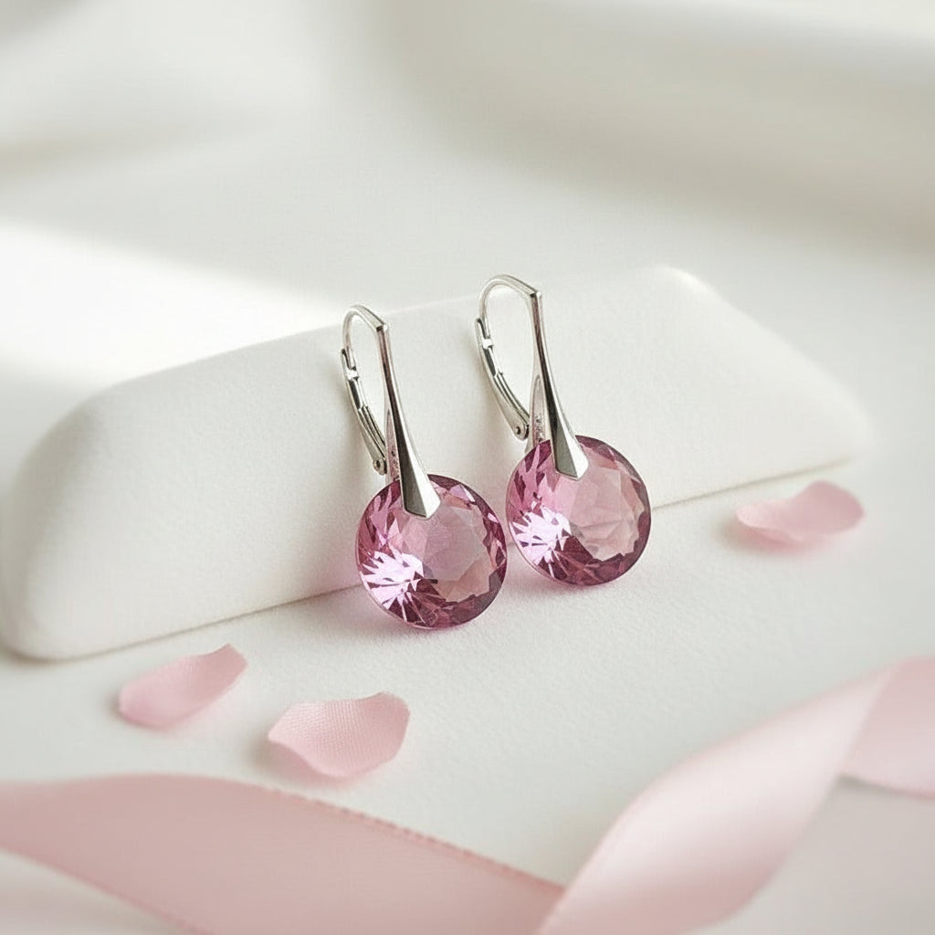 Rose crystal October birthstone earrings for Libra, with sterling silver leverback hooks by Magpie Gems