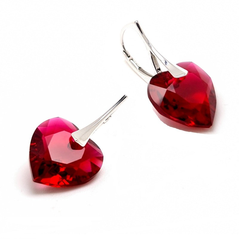 Scarlet red heart earrings in 925 sterling silver, shop in Ireland earrings with 14mm crystals and 925 sterling silver leverbackin gift box, dangle and drop earrings made in Ireland.