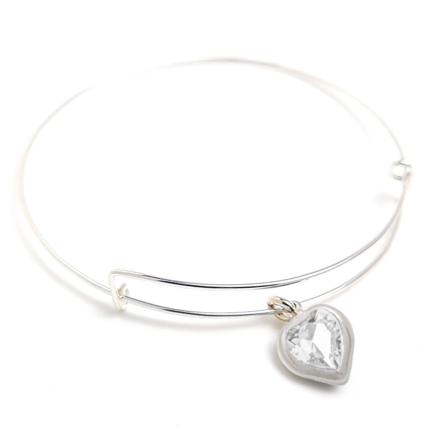 Heartfelt Bangle Bracelet - Sterling Silver Bangle with Heart Charm - Crystal Clear Heart Charm - Birthstone for April