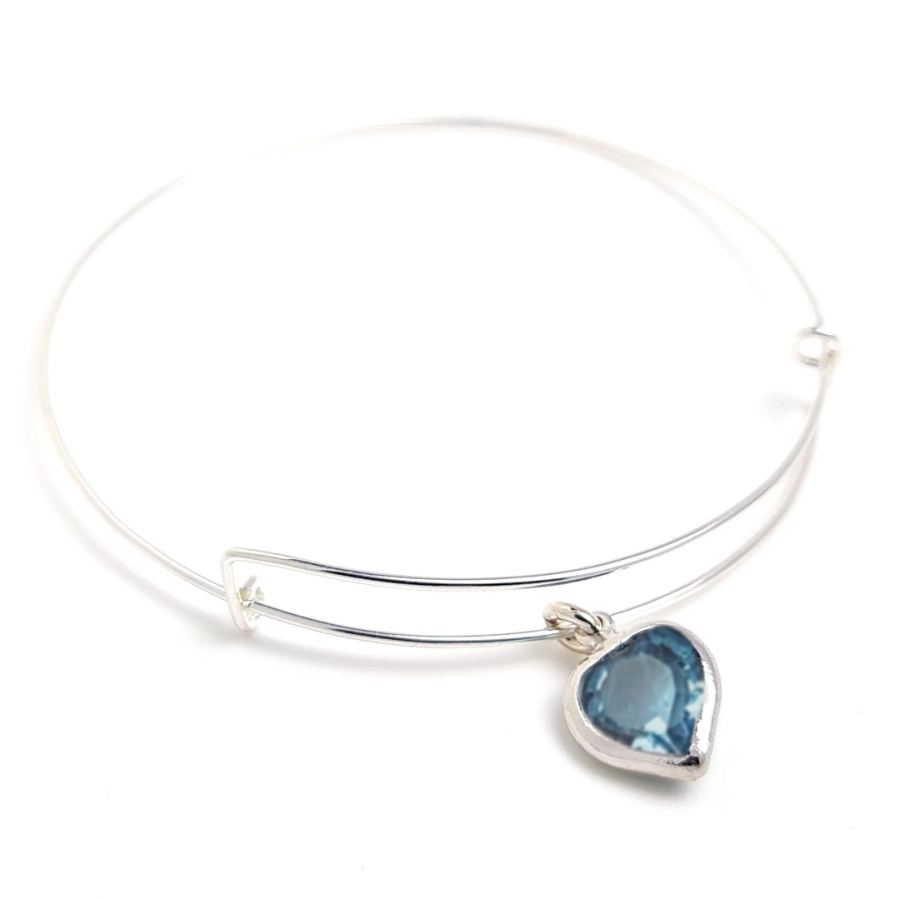 Heartfelt Bangle Bracelet - Sterling Silver Bangle with Heart Charm - Aquamarine Heart Charm - Birthstone for March