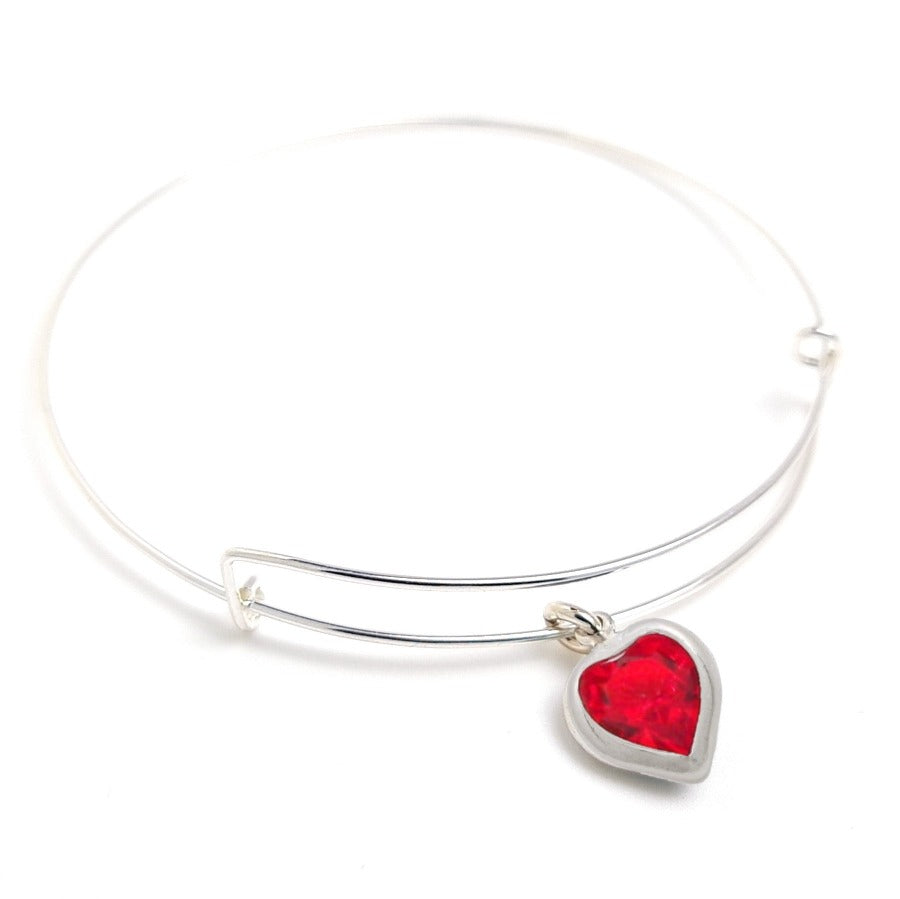Heartfelt Bangle Bracelet - Sterling Silver Bangle with Heart Charm - Ruby Heart Charm - Birthstone for July