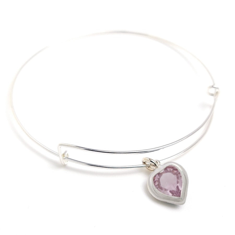 Heartfelt Bangle Bracelet - Sterling Silver Bangle with Heart Charm - Light Amethyst Heart Charm - Birthstone for June