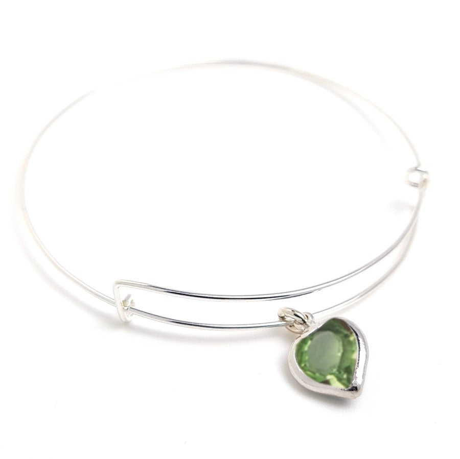 Heartfelt Bangle Bracelet - Sterling Silver Bangle with Heart Charm - Peridot Green Heart Charm - Birthstone for August