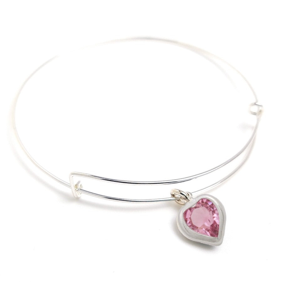 Heartfelt Bangle Bracelet - Sterling Silver Bangle with Heart Charm - Rose Pink Heart Charm - Birthstone for October