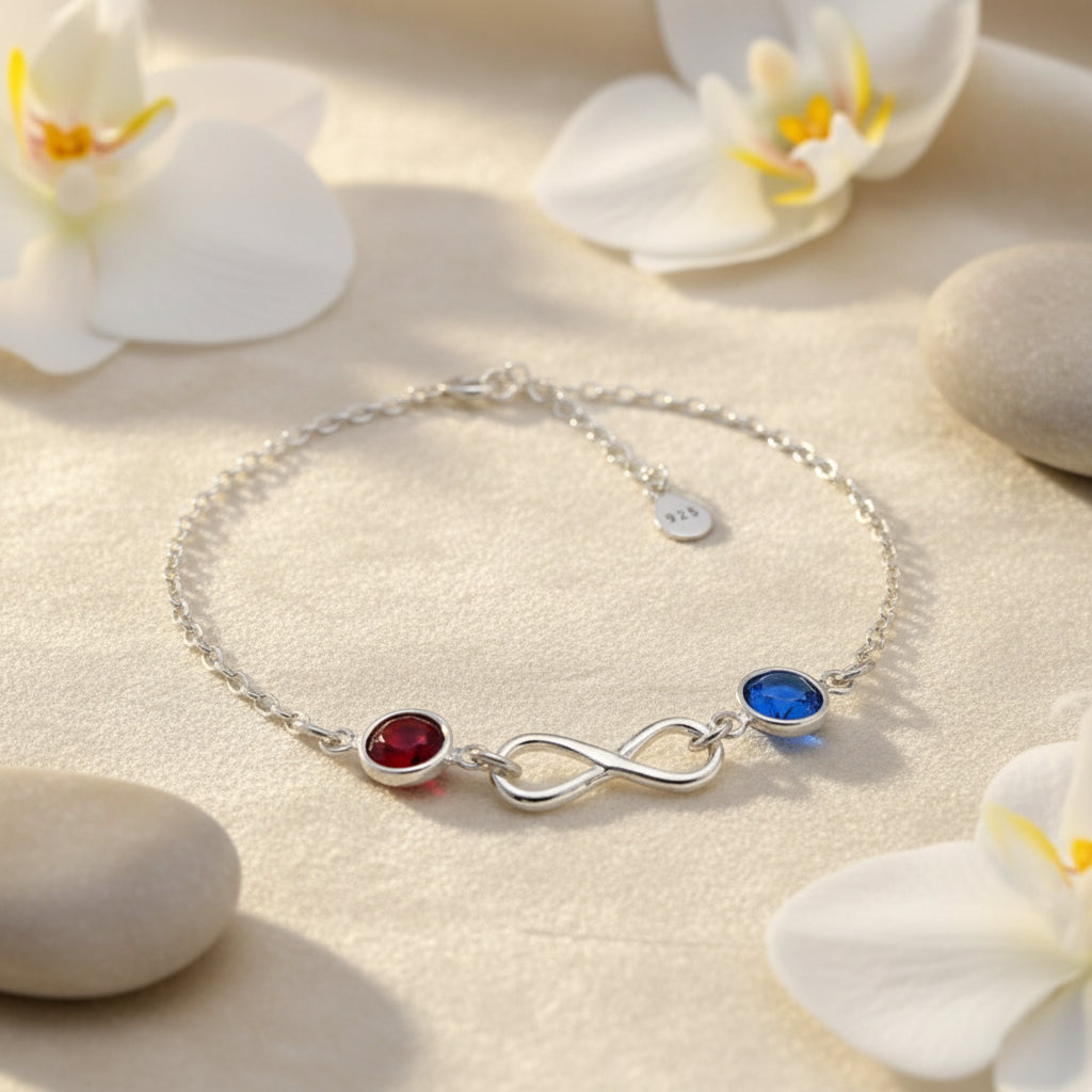 SIver infinity Bracelet with 2 crystal birthstones in a gift box from Ireland january july september