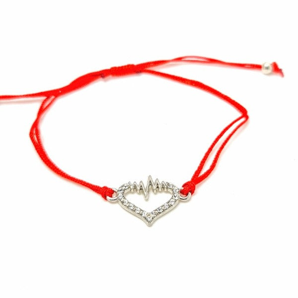 Heart with crystals and heart beat silver charm, red macramé cord string bracelet shop in Ireland