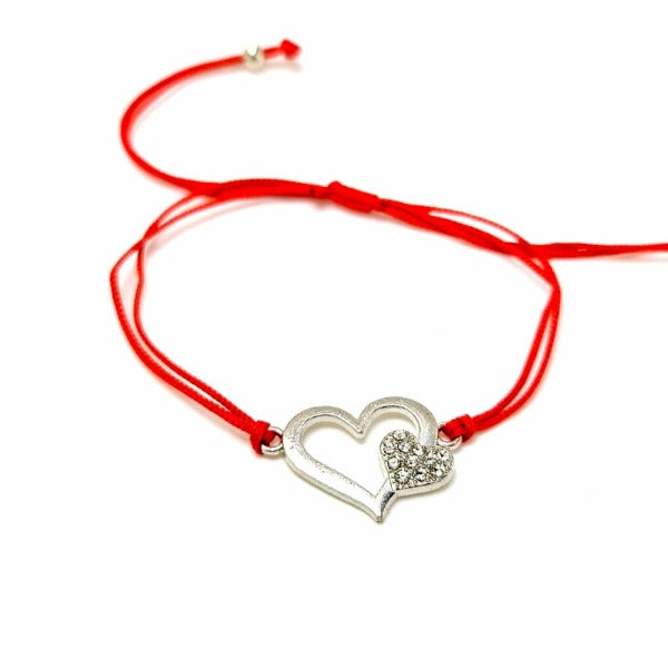 Silver 2 hearts with crystals charm, red macramé cord string bracelet shop in Ireland